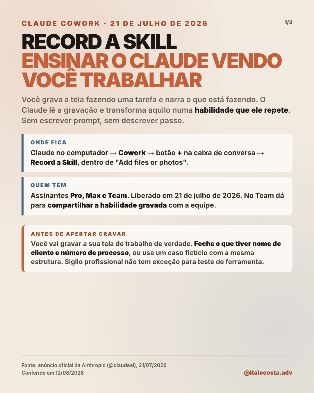 Página 1: o que é o Record a Skill, onde fica e quem tem acesso