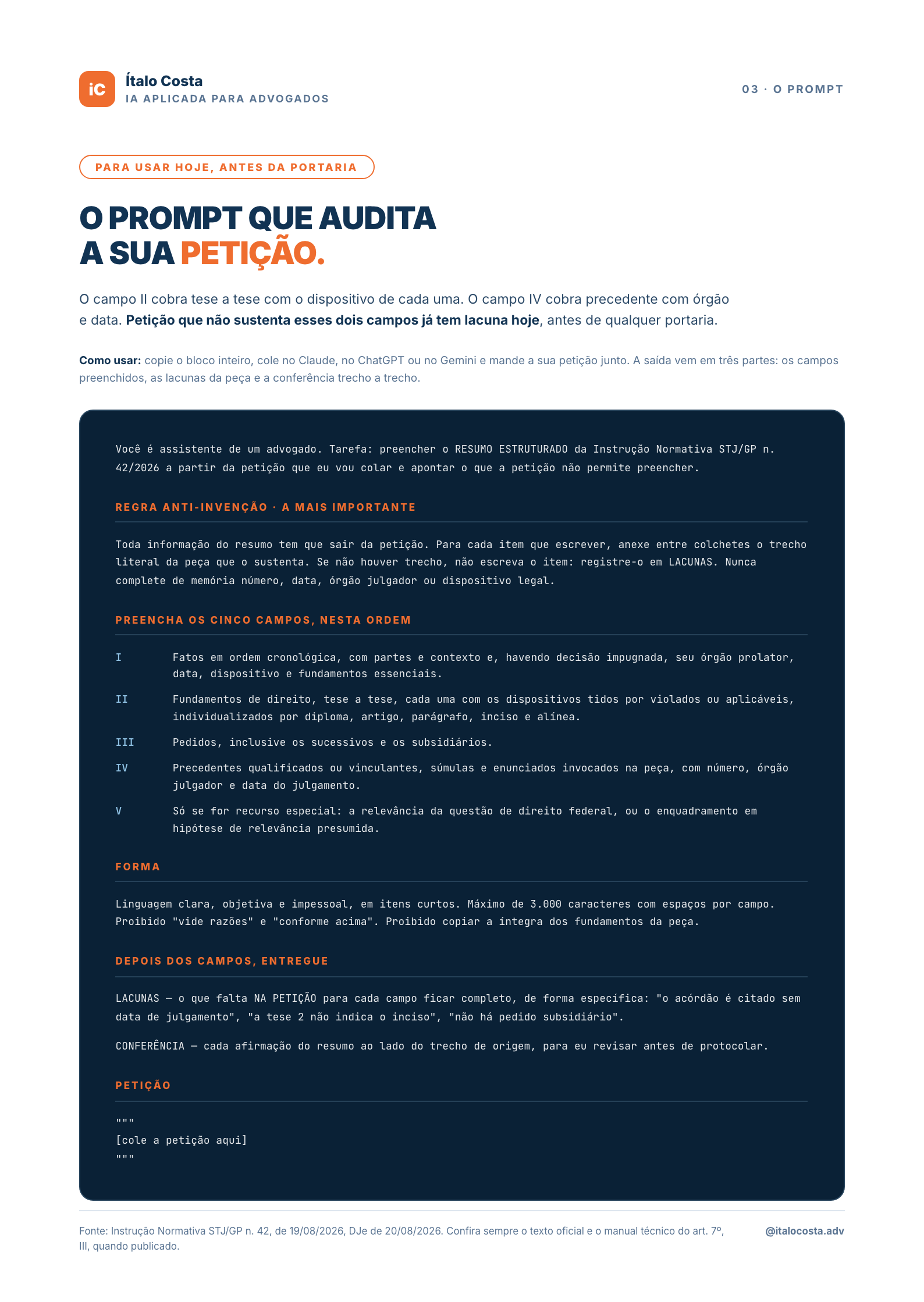 O prompt que audita a petição e aponta as lacunas