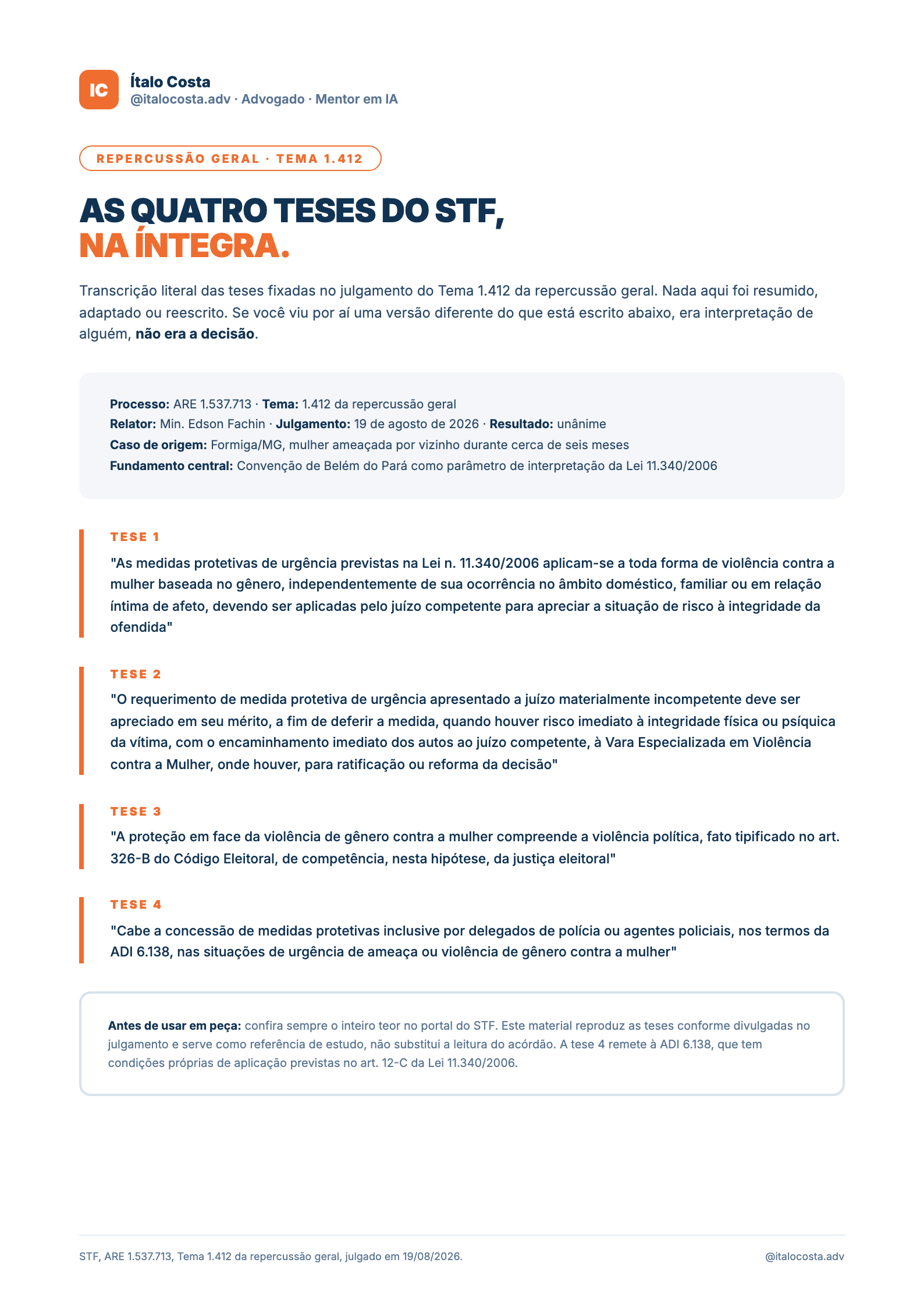 Página 1: as quatro teses do Tema 1.412 transcritas na íntegra
