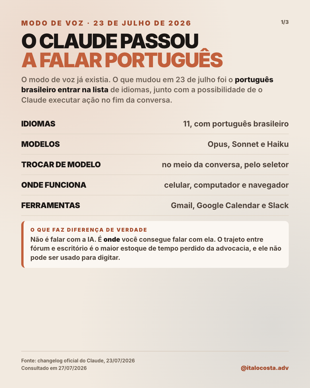 Página 1: o que mudou no modo de voz em 23 de julho de 2026