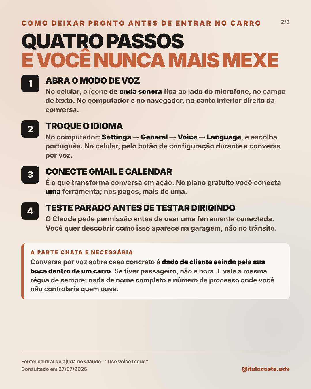 Página 2: os quatro passos para configurar o modo de voz em português